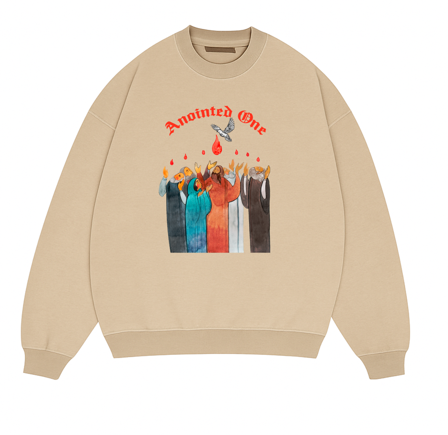 Anointed one  Beige sweatshirt with graphic design and text on a white background