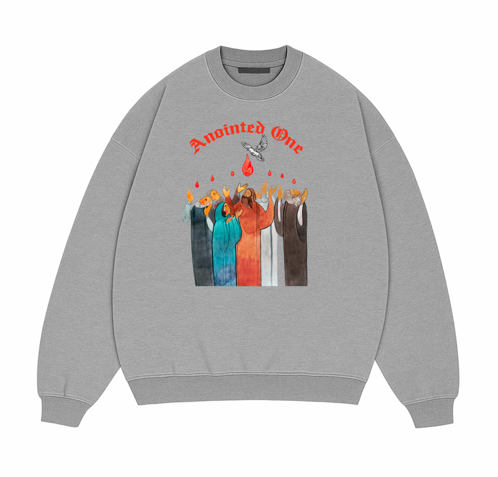 Anointed one  Gray sweatshirt with a graphic design and text on a white background