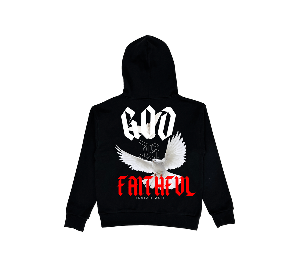 God is Faithful Black hoodie with white and red text and graphics on a white background